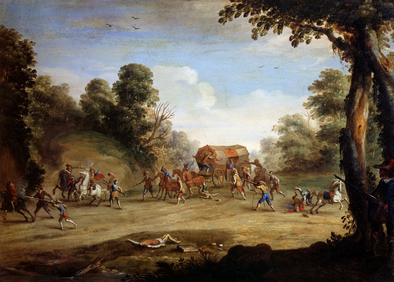 En soldats liv, plyndring af en vogn (olie på kobber) af Jacques (after) Callot