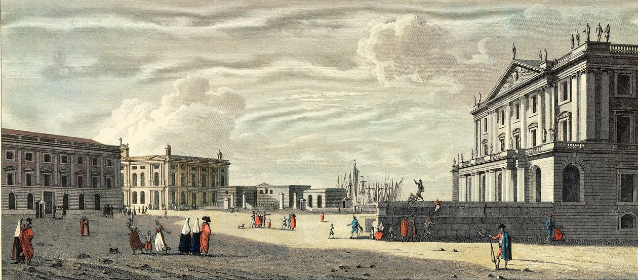 Llotja (tidligere børs), paladset for generalkaptajnen for toldvæsenet og Barcelona Sea Gate (gravering) af Jacques (after) Moulinier