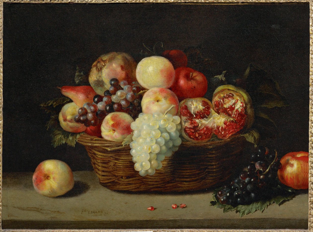 Panier de grenade, peches et raisins - En kurv med granatæble, ferskner og druer ... af Jacques (attr. to) Linard