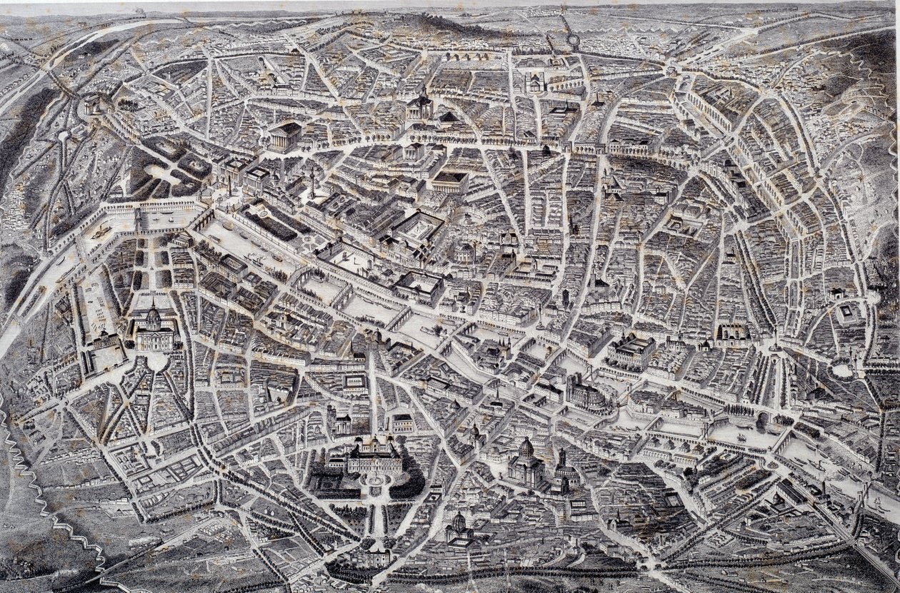 Kort over Paris i relief og en fugleflue med omgivelser og fæstningsværker. Dybtryk af Jacques Alphonse Testard (1810-?) Paris fra det 19. århundrede, Musee Carnavalet af Jacques Alphonse (after) Testard