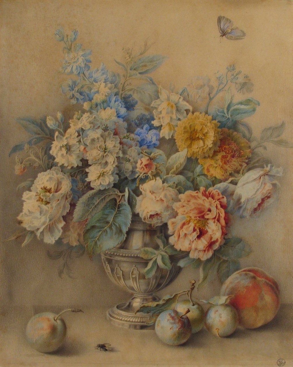Blomster i en sølvstøbemaskine, frugt i forgrunden, 1700-tallet. af Jacques André Portail