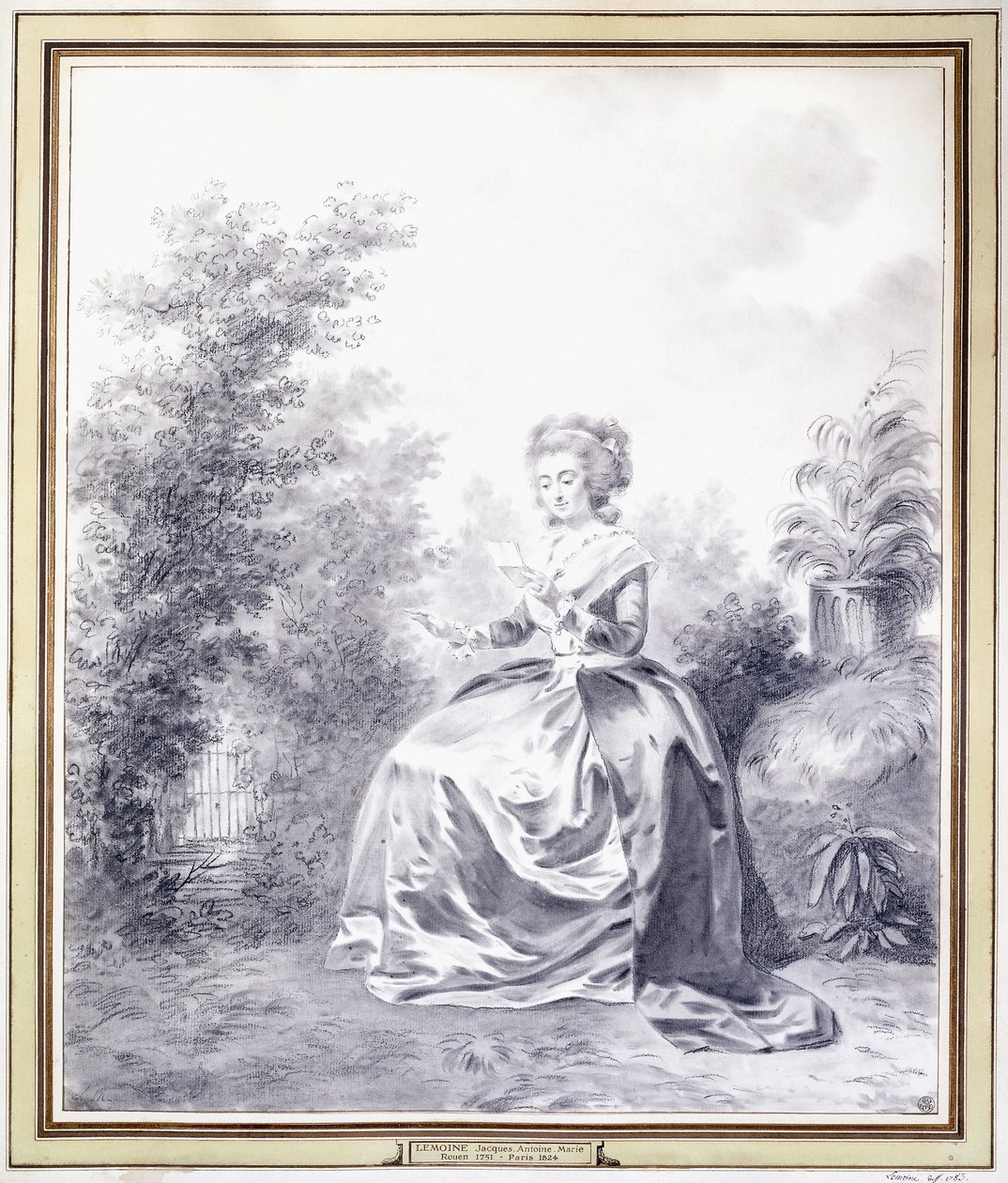 Portræt af Elisabeth Louise Vigee-Lebrun læser et brev, der sidder i haven (sort kridt) af Jacques Antoine Marie Lemoine