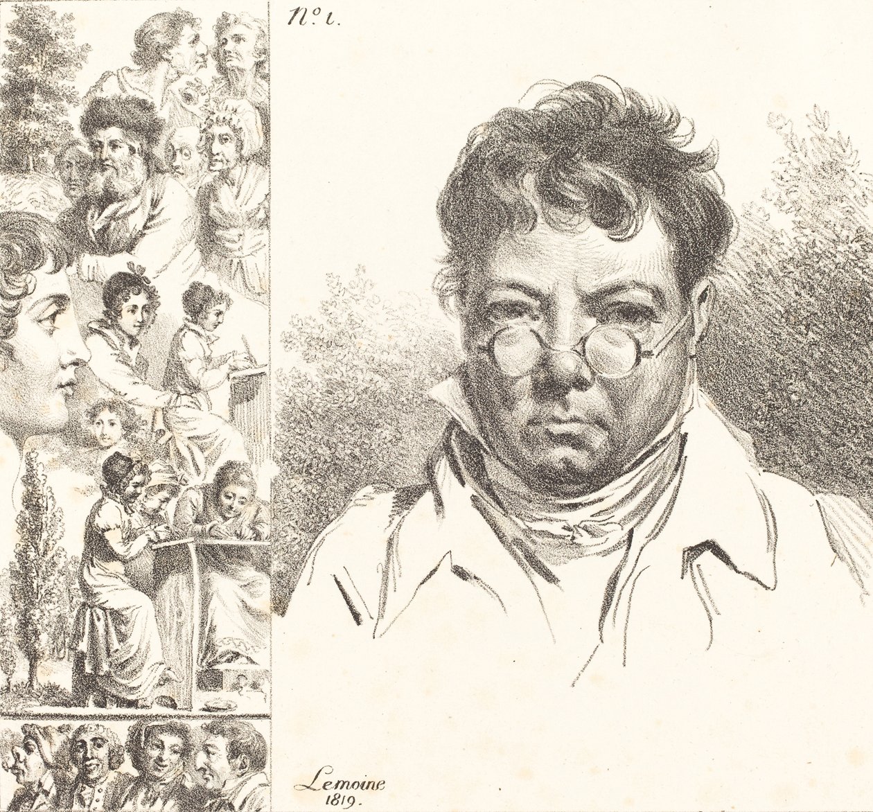 Selvportræt og andre hoveder, 1819 (litografi) af Jacques Antoine Marie Lemoine
