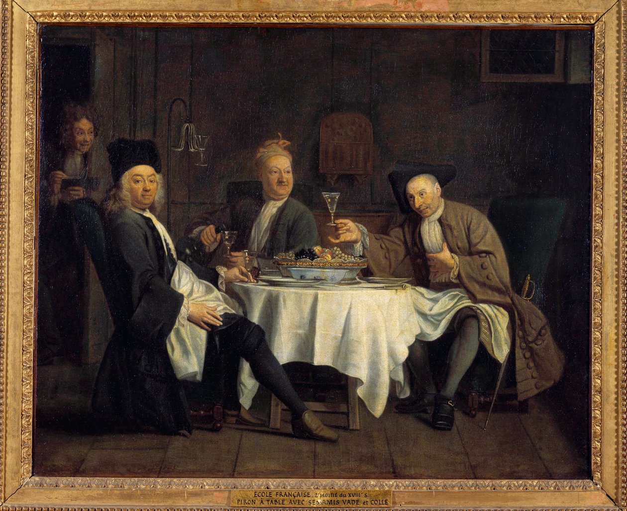 Vindrikkere sagde engang digteren Alexis Piron (1689-1773) til bords med sine venner Jean Joseph Vade (1720-1757) og Charles Colle (1709-1783) Maleri af Jacques Antreau (1657-1745) 1700-tallet søn. 0,54x0,66 m af Jacques Antreau