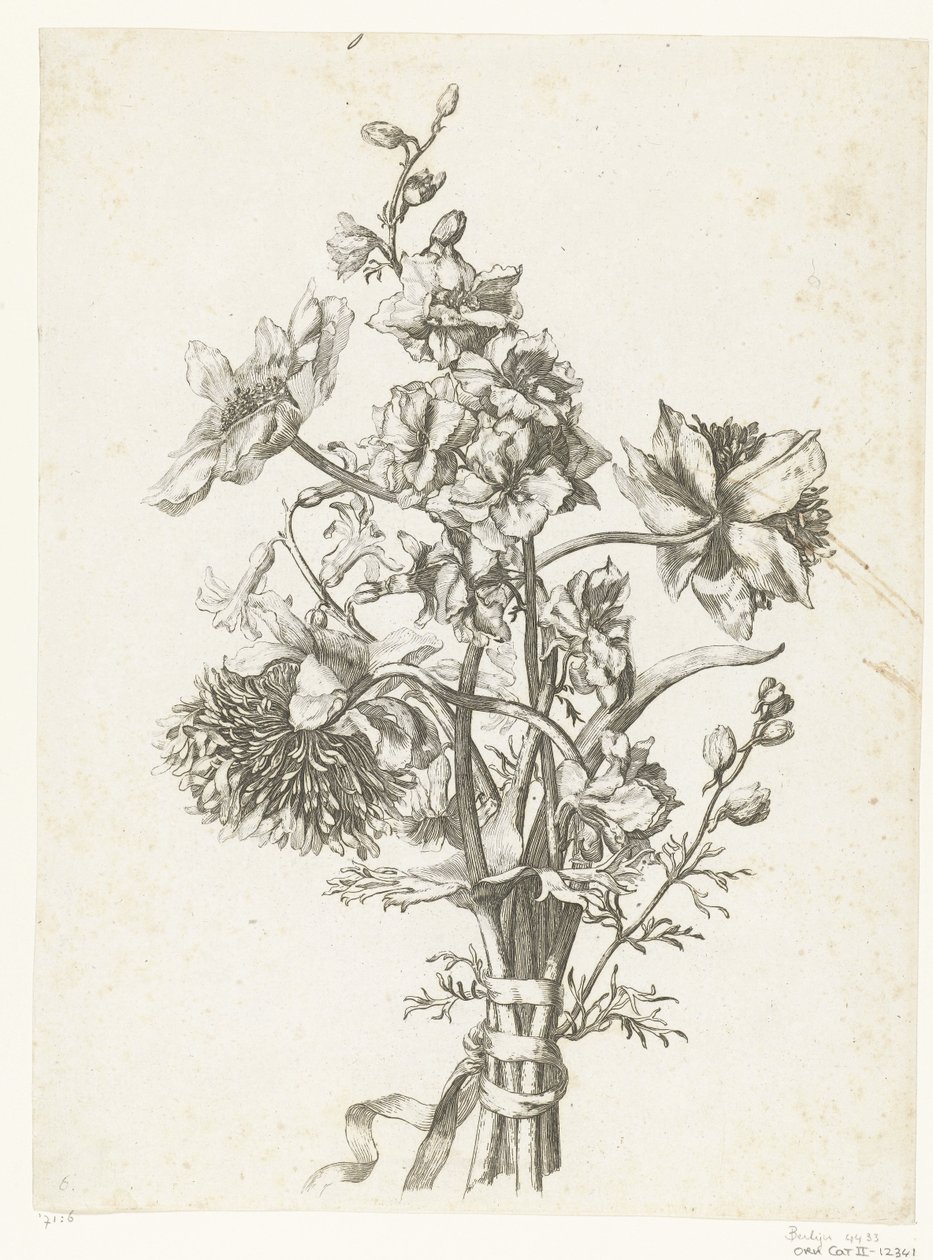 Buket med anemoner, en hyacint og delphiniums Diverse Fleurs mises en Boucquets (serietitel) af Jacques Bailly (I)