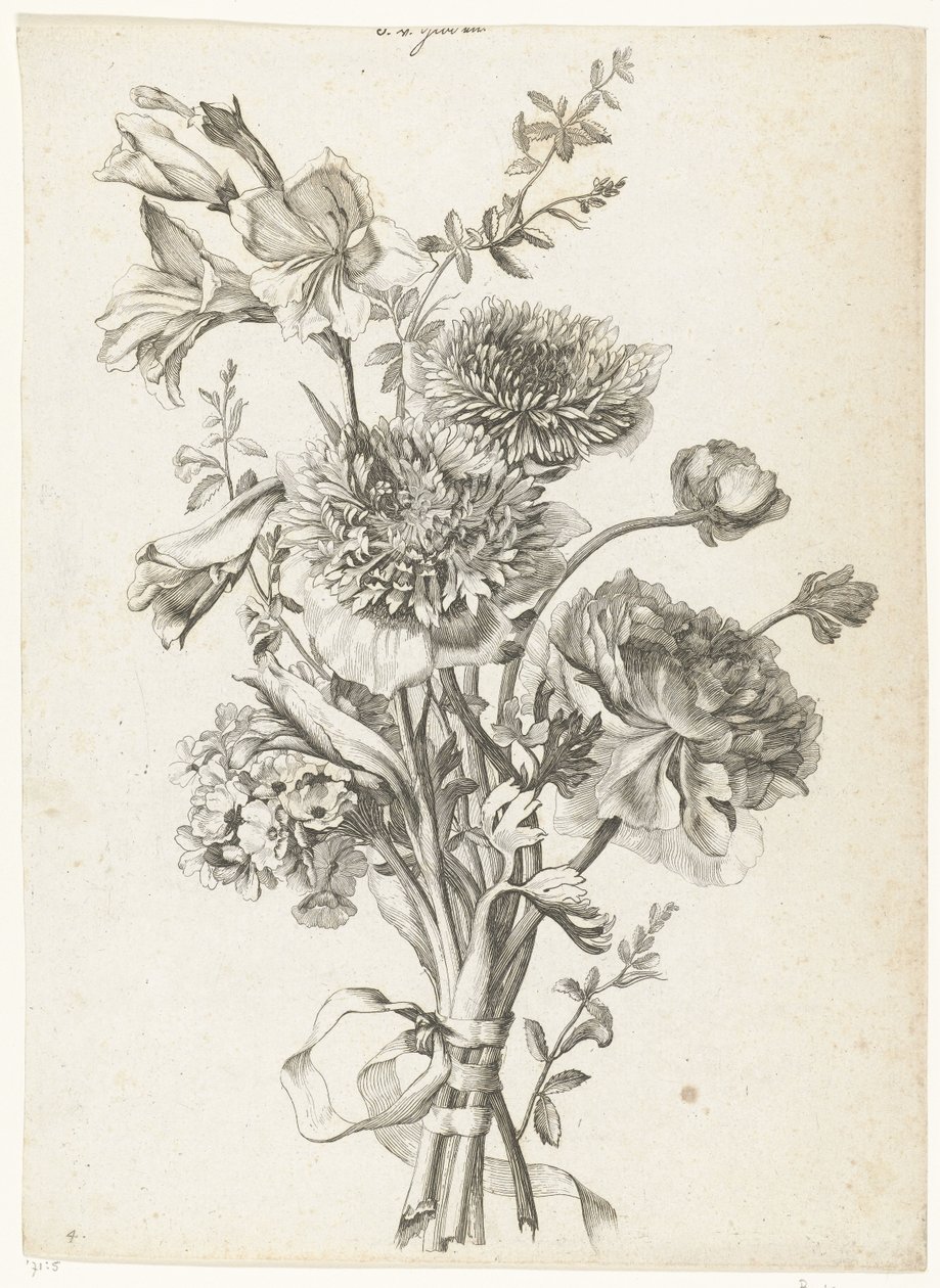 Buket af anemoner Buket med anemoner, en pæon, stilkeblomster og gladiolus Diverse Fleurs mises en Boucquets (serietitel) af Jacques Bailly (I)