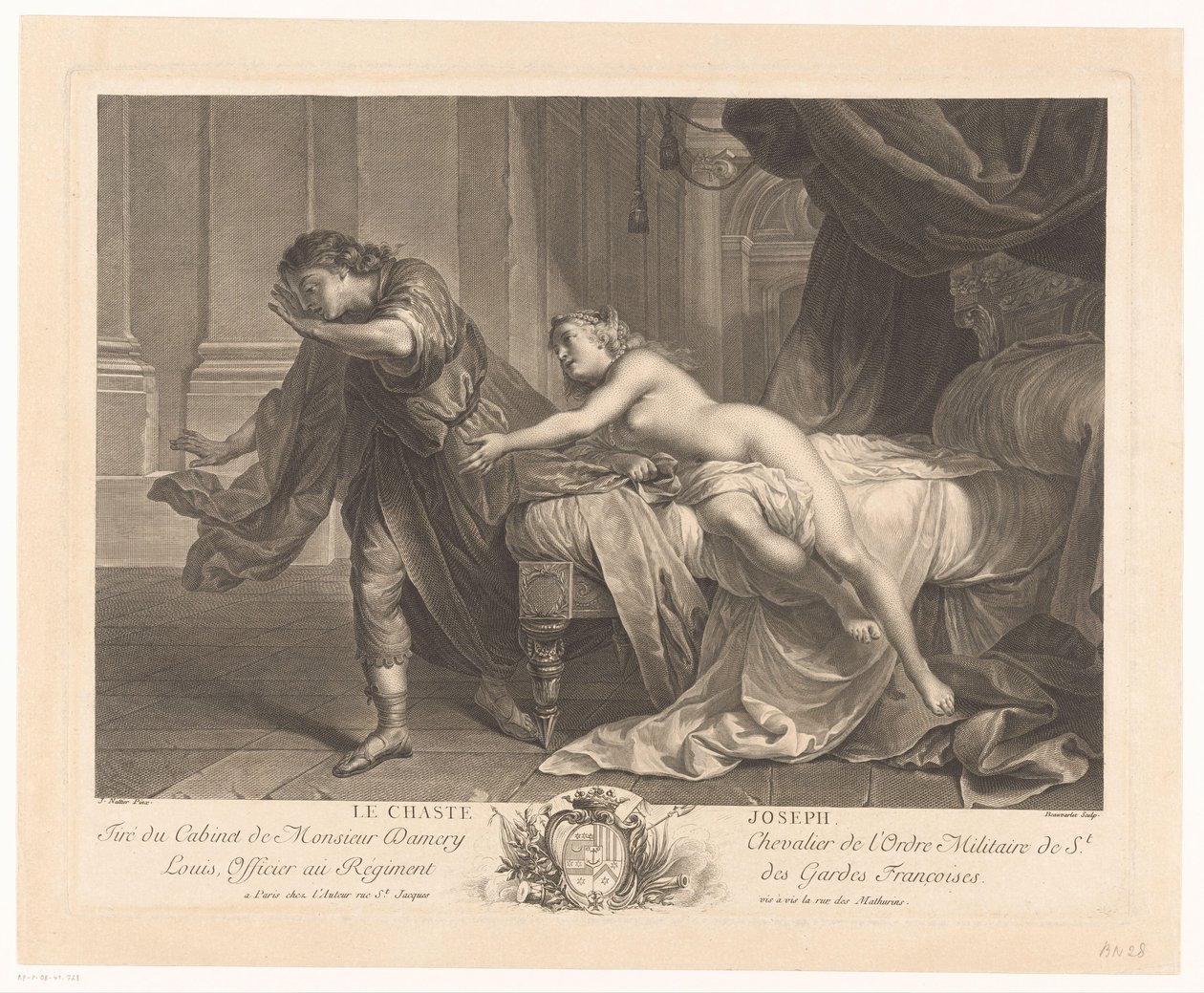 Josef modstår Potifars hustrus fristelse Le chaste Joseph (titel på objekt) af Jacques Beauvarlet