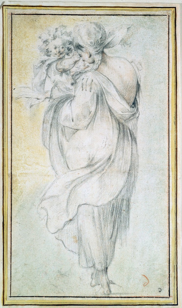 Sigøjner med et barn - Værk af Jacques Bellange (omkring 1575-1616), blod og sort/hvidt kridt på papir (30x16,5 cm), begyndelsen af ​​det 17. århundrede - Sigøjner med et barn, blod, sort/hvidt kridt på papir af J Bellange, begyndelsen af ​​det 17. århundr af Jacques Bellange