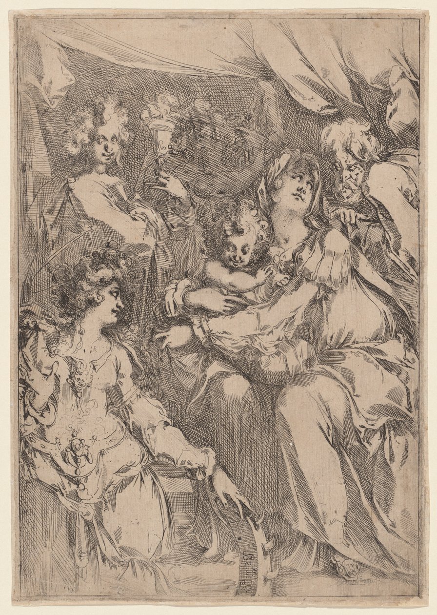 Den hellige familie med Saint Catherine, Saint John the Evangelist og en engel af Jacques Bellange