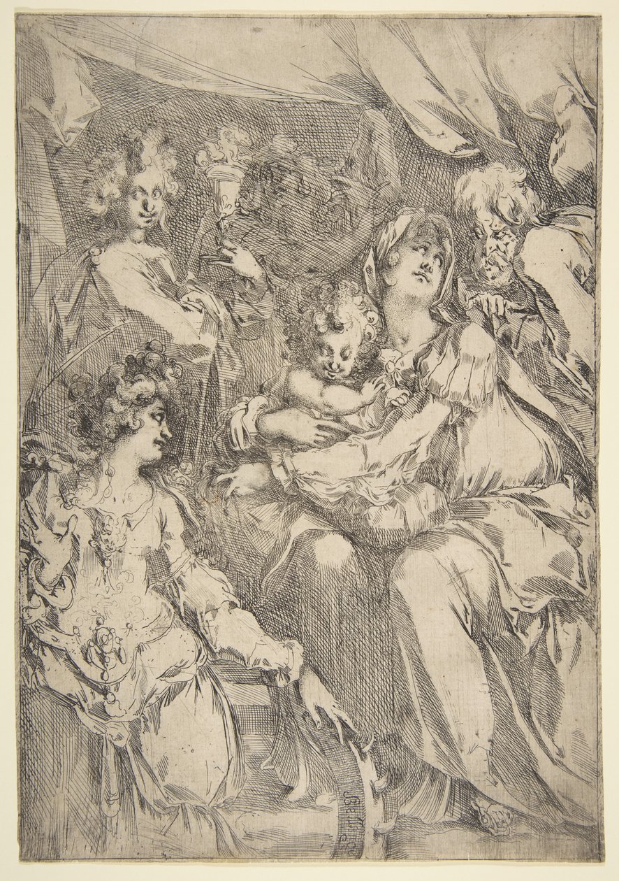 Den hellige familie med Saint Catherine, Saint John the Evangelist and an Angel, 1612-16. af Jacques Bellange