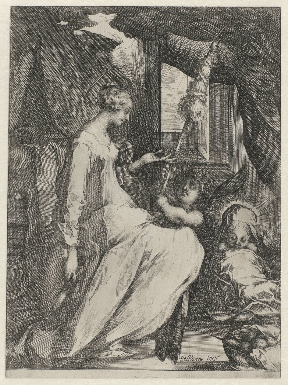 Jomfru Maria spinder med Kristusbarnet og en engel Mary med barn og en engel, der holder en distaff af Jacques Bellange
