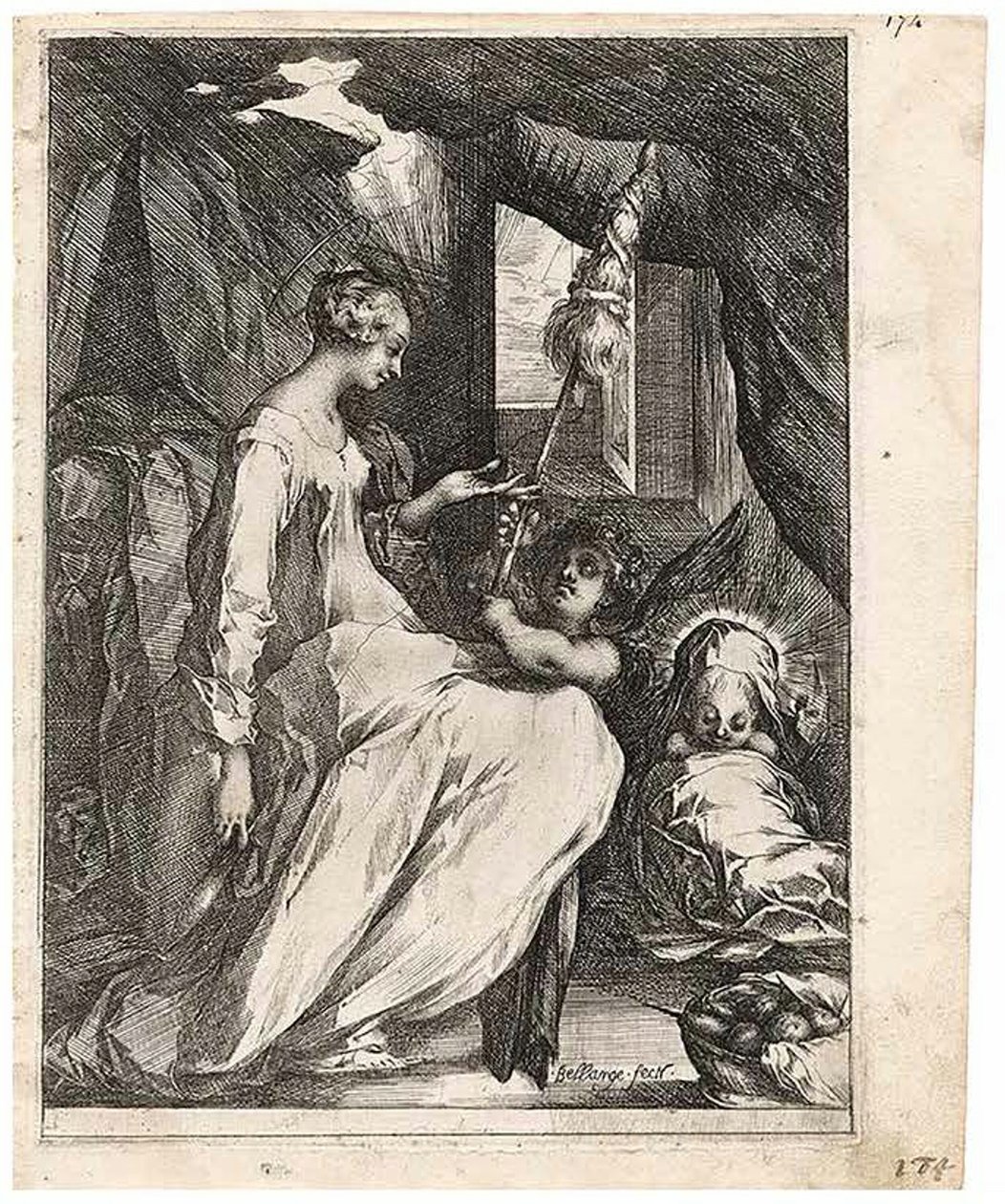 Jomfruen og Barnet med Distaff og en engel af Jacques Bellange