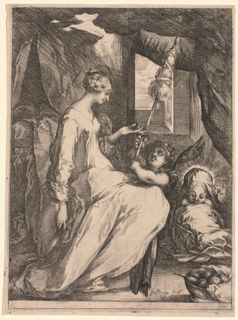 Jomfruen og Barnet med Distaff og en engel af Jacques Bellange