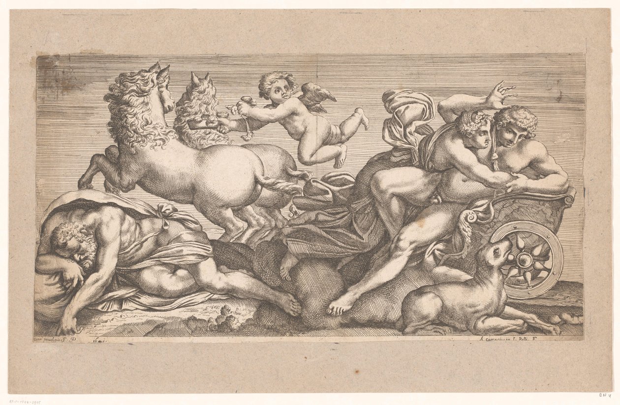 Cephalus taget af Aurora i sin vogn Mytologiske scener efter fresker i Palazzo Farnese i Rom (serietitel) af Jacques Belly