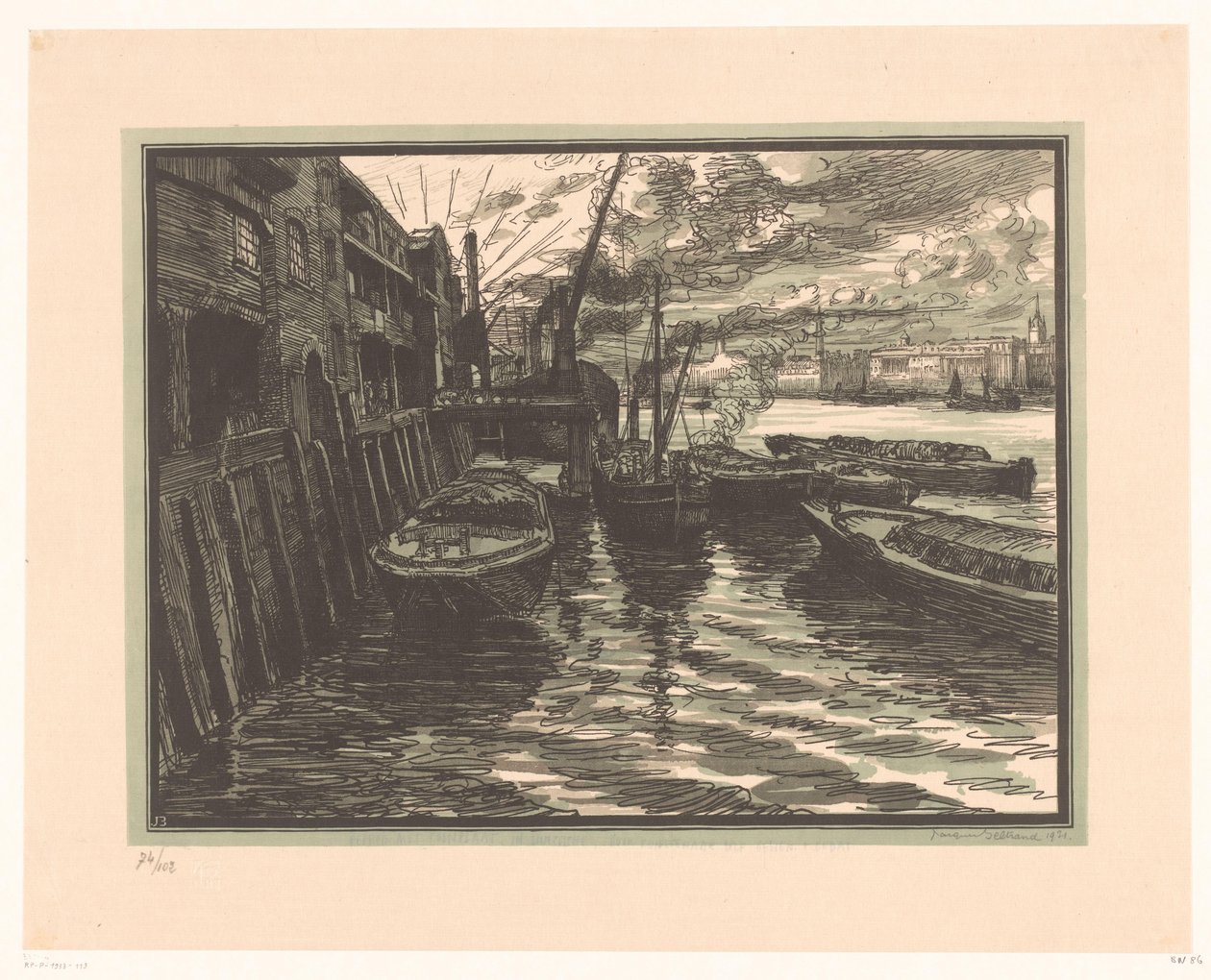 Sloops på Themsen i London af Jacques Beltrand (signed by artist)