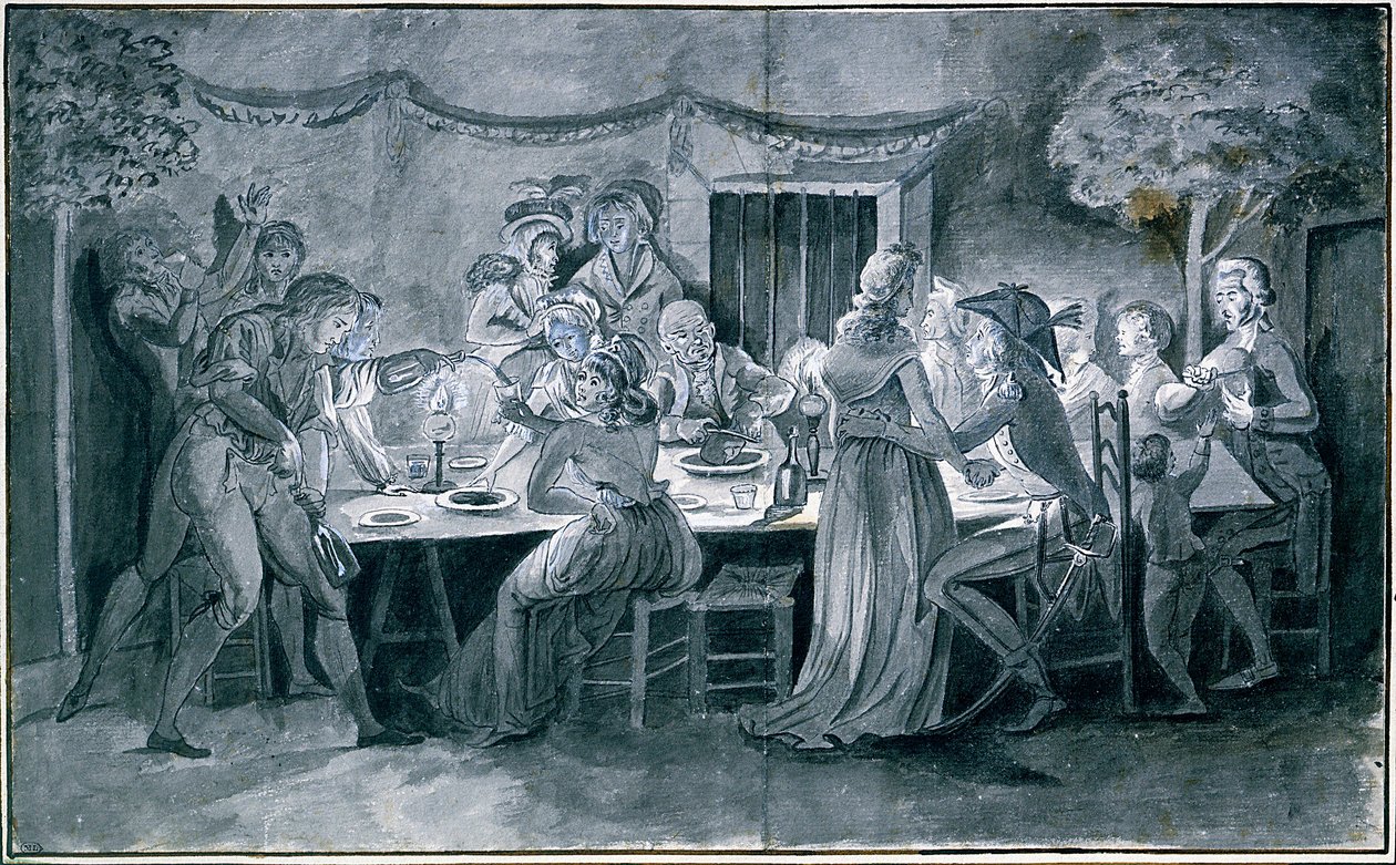Bryllupsmiddag under revolutionen Tegning af Jacques Bertaux (1745-1818) Paris. af Jacques Bertaux