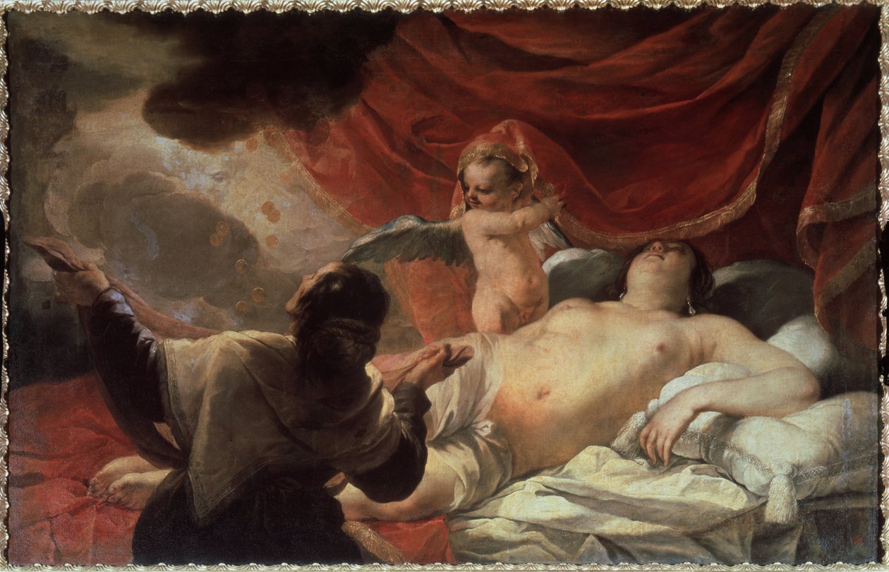 ""Danae"" Zeus præsenterer sig for Danae for at forføre hende i form af en byge af guldmønter. Maleri af Jacques Blanchard (1600-1638) 1600-tallets statsfriluftsmuseum Tsarskoye Selo, Sankt Petersborg, Rusland af Jacques Blanchard