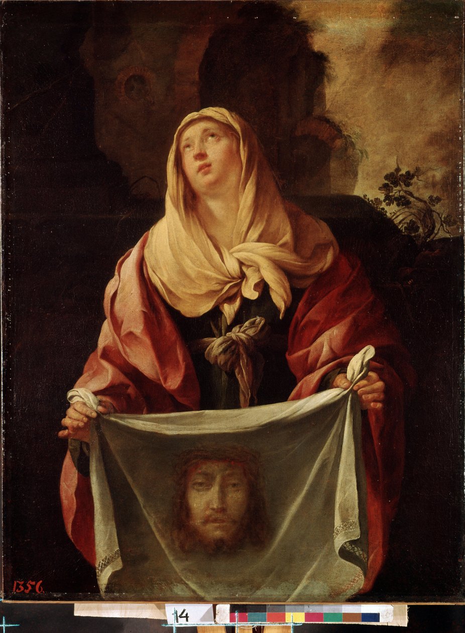 ""Sankt Veronica"". Det hellige slør repræsenterer Kristi ansigt, hvis sved Veronique ville have tørret af under opstigningen til Golgata. Maleri af Jacques Blanchard (1600-1638) 1633-1634 Dim. 127x98 cm Eremitagemuseet, Sankt Petersborg (Saint-Peters af Jacques Blanchard