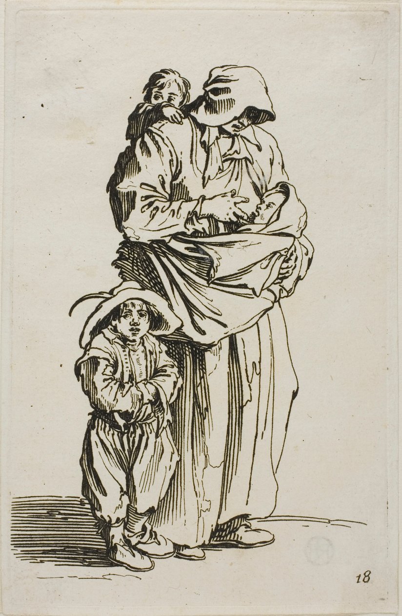 En mor med sine tre børn, tallerken 18 fra The Beggars af Jacques Callot