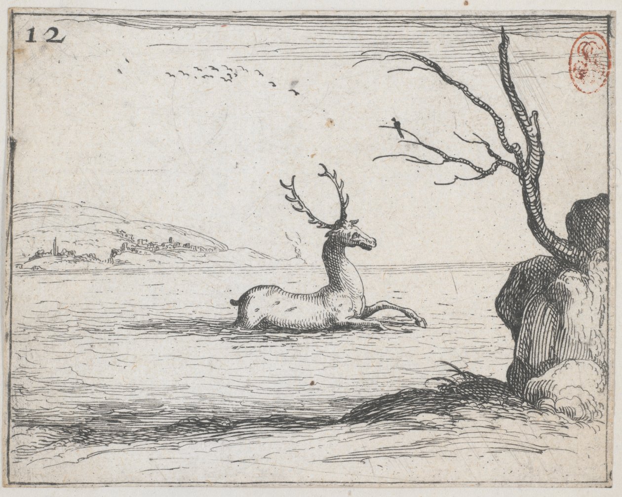 En kronhjort i vandet - nr. 12 fra serien af Jacques Callot