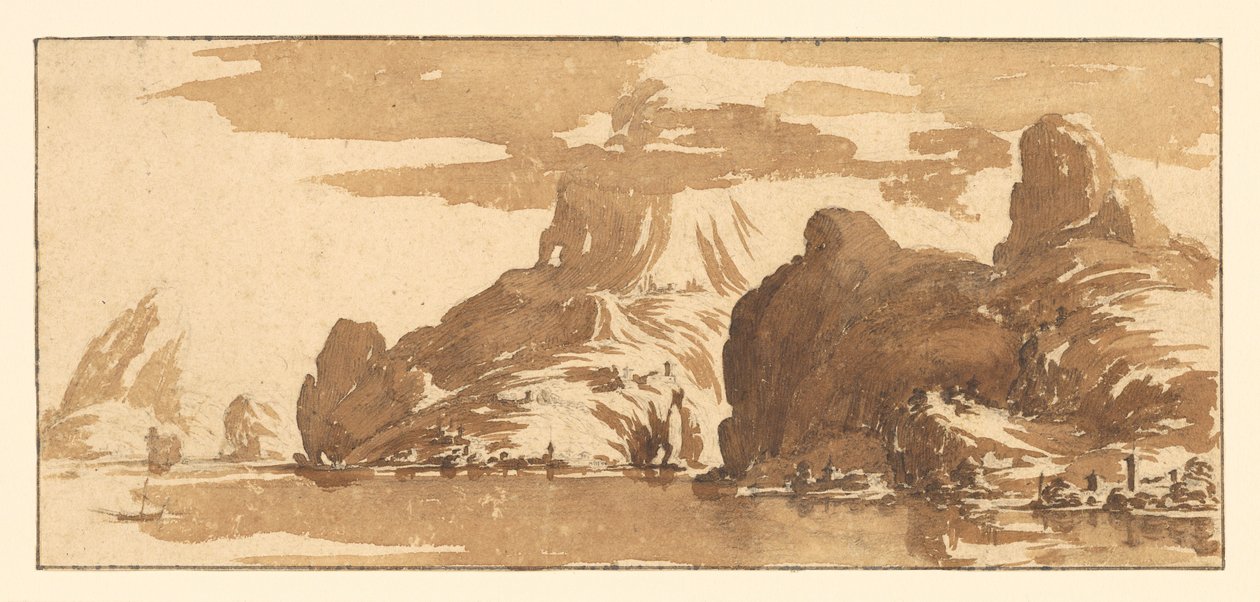 Blick auf Berge über einen See af Jacques Callot