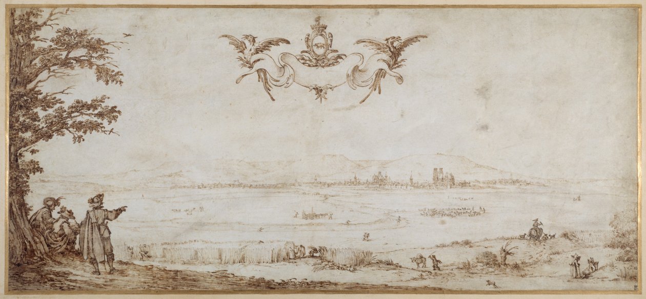 En udsigt over Toul på tværs af sletten, landskab med figurer, himlen med armene af porceller (pen og brunt blæk på vellum) af Jacques Callot