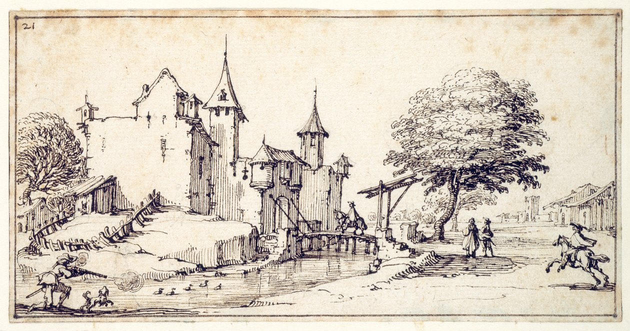 Et slot med vindebro (pen og brunt blæk på papir) af Jacques Callot