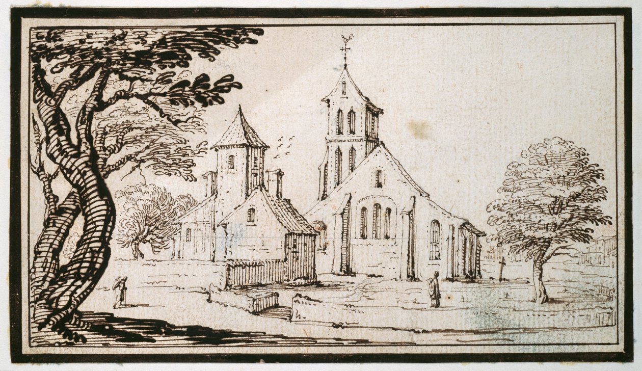 En kirke i Lorraine og en nabobygning (pen og brun blæk på papir) af Jacques Callot