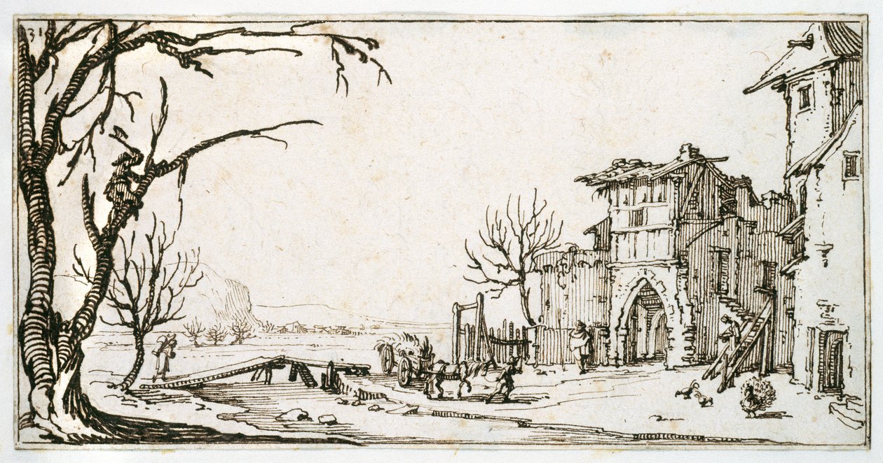 En høvogn bliver bragt til middelalderporten til en landsby, en mand, der klipper en gren, fra et album tilhørende Israel Silvestre, ca. 1630 (pen og blæk på papir) af Jacques Callot