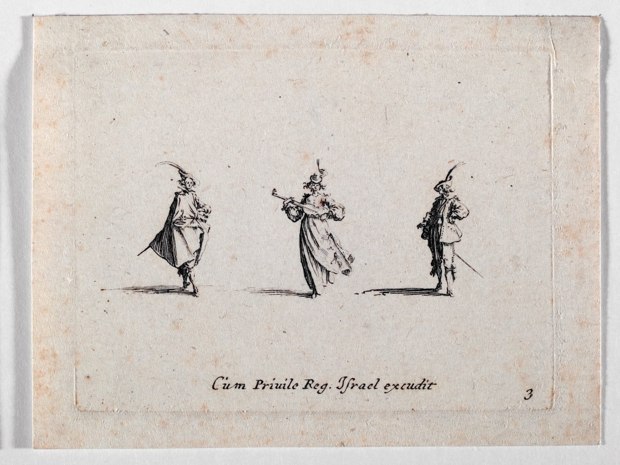 En dame, der spiller musik, og to kavalerer, fra ... (stik) af Jacques Callot