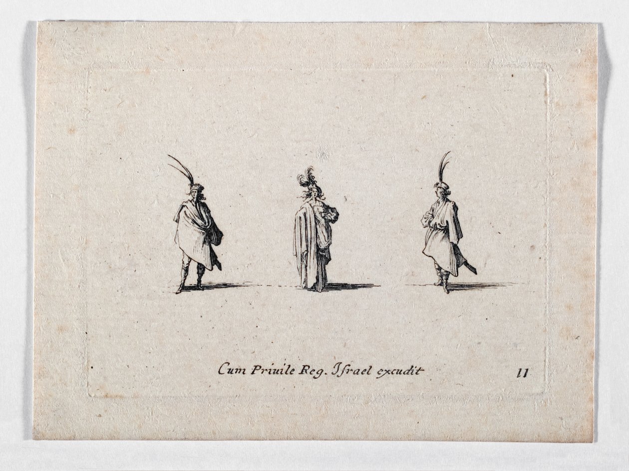En dame med lang frakke og to kavalerer, fra ... (kobberstik) af Jacques Callot