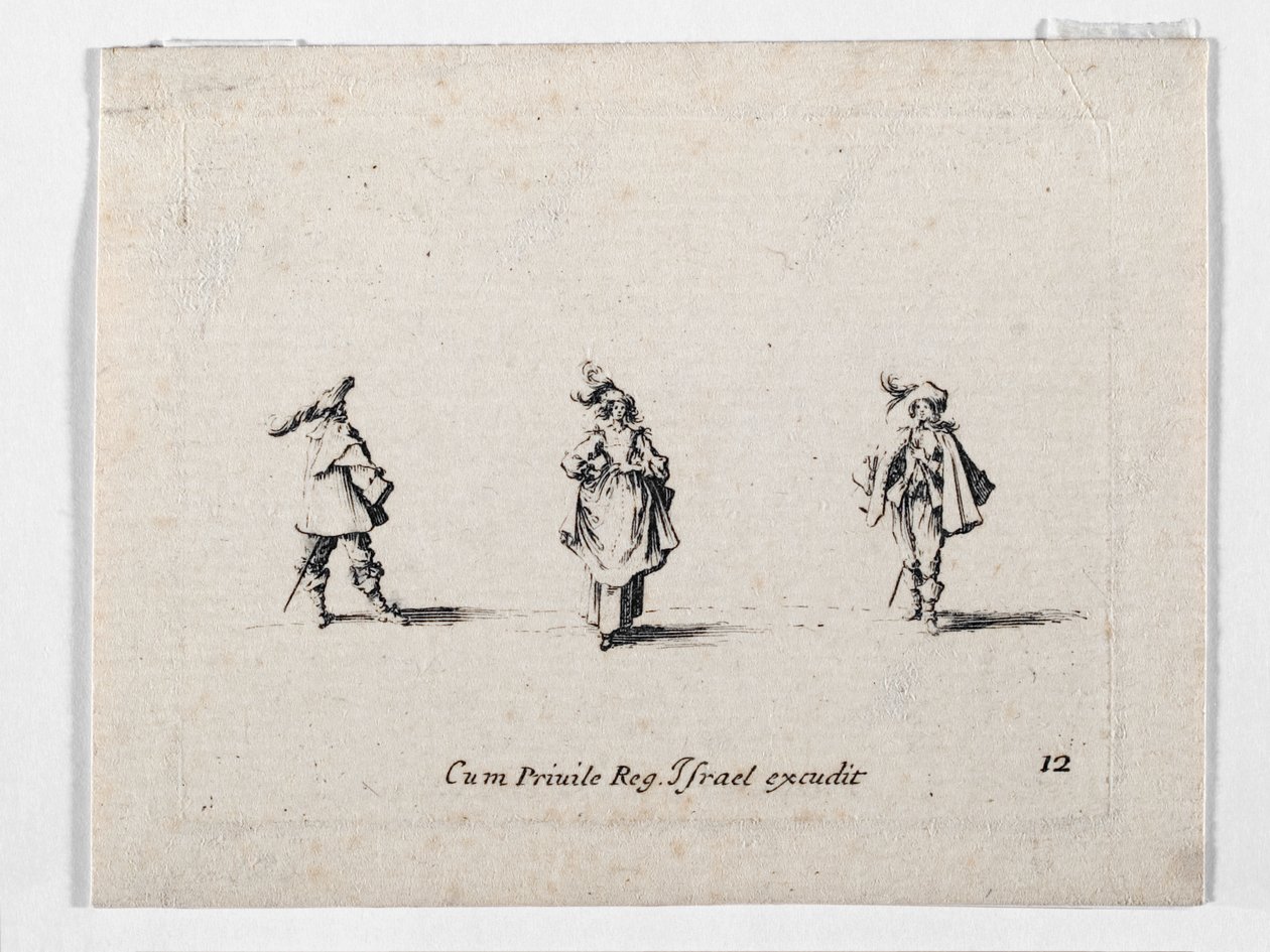 En dame med fjerhat og to kavalerer, fra ... (kobberstik) af Jacques Callot