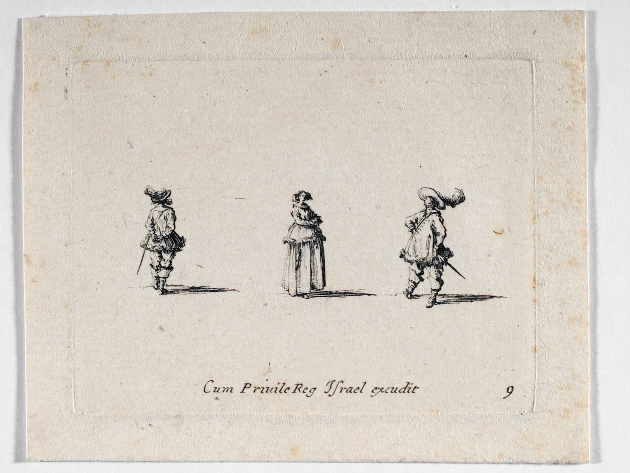 En dame med korslagte arme og to kavalerer, fra ... (stik) af Jacques Callot