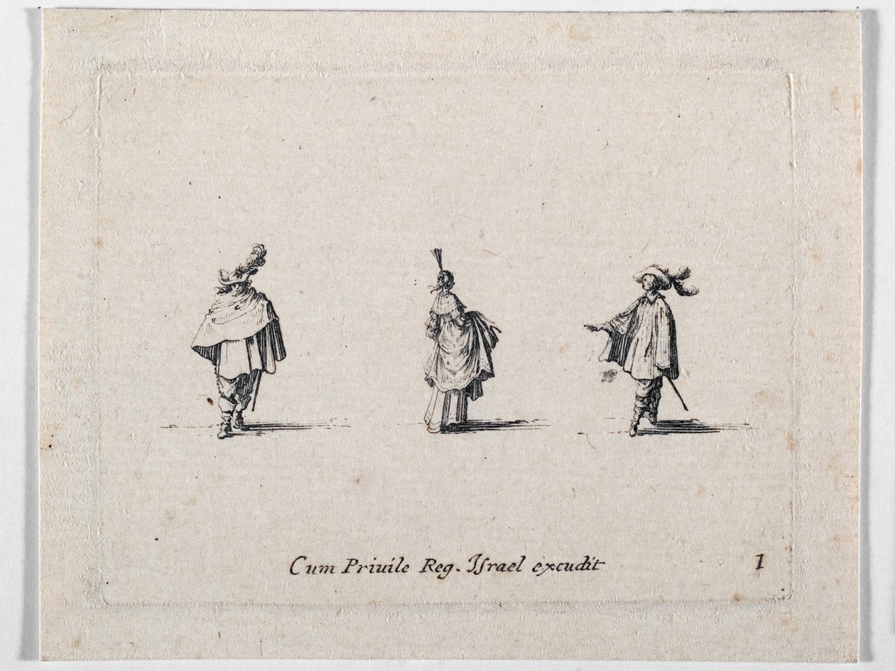 En dame med rynket skørt og to kavalerer, fra Les Fantaisies de Noble J. Callot ... (kobberstik) af Jacques Callot