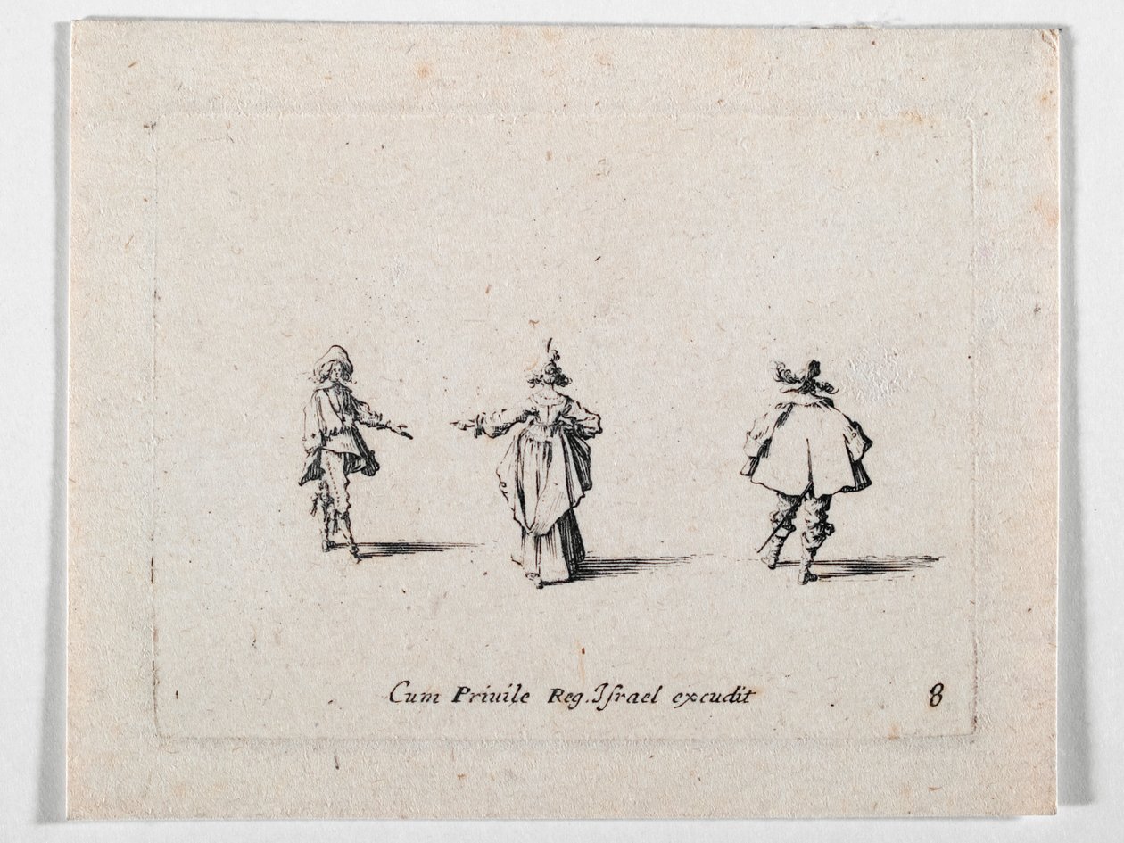 En dame med udstrakt hånd, set bagfra, og to kavalerer, fra Les Fantaisies de Noble J. Callot ... (kobberstik) af Jacques Callot