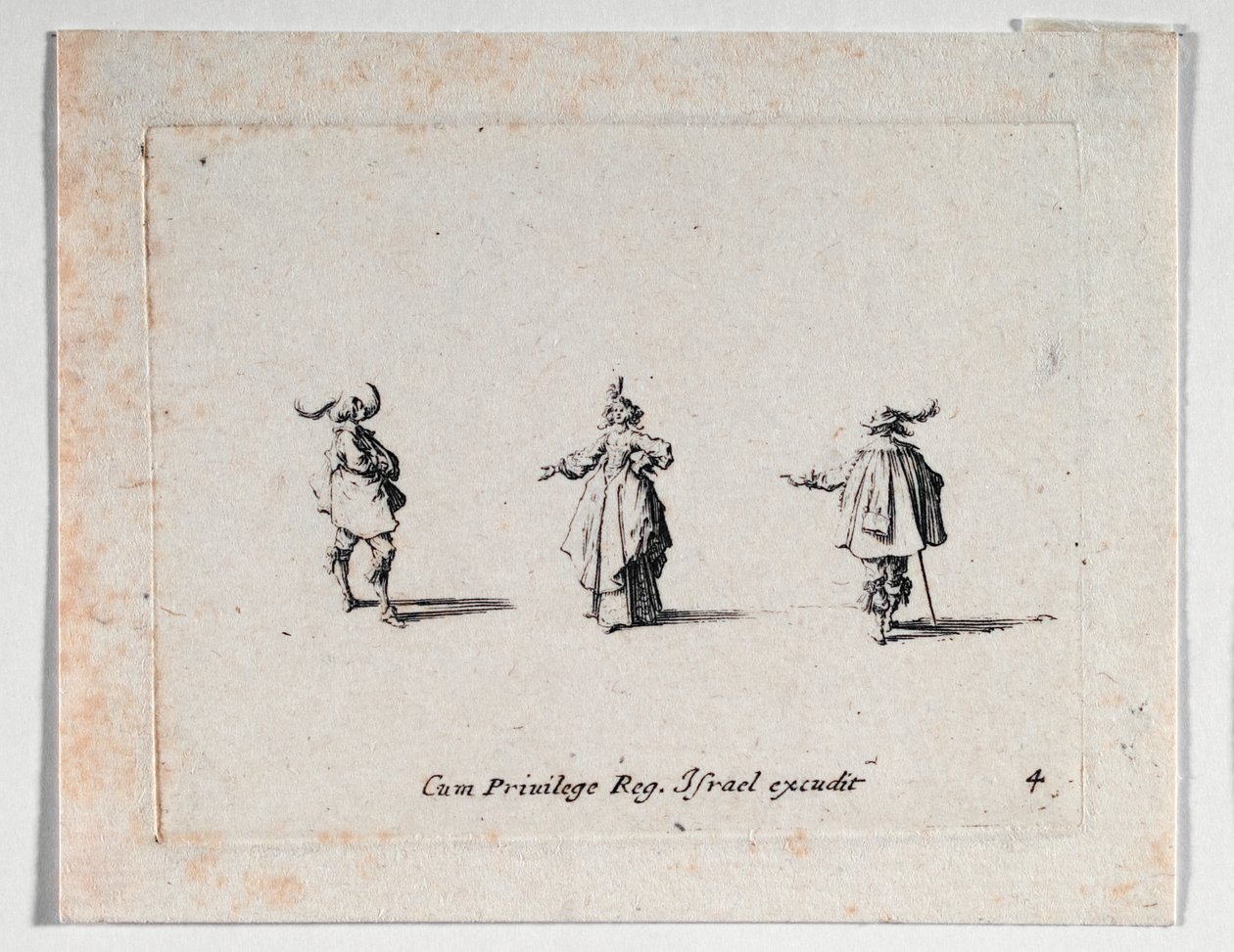 En dame med udstrakt hånd og to kavalerer, fra ... (kobberstik) af Jacques Callot
