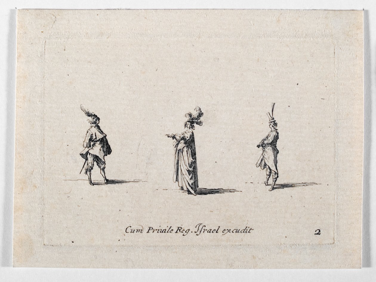 En dame med fjerhat og to kavalerer, fra ... (kobberstik) af Jacques Callot