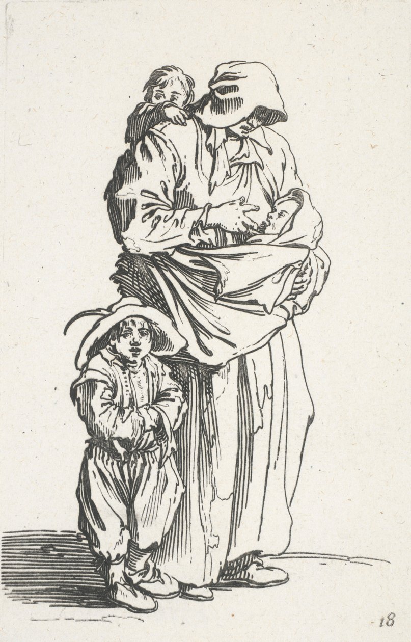 En mor og hendes tre børn, fra The Beggars (La mere et ses trois enfants) af Jacques Callot