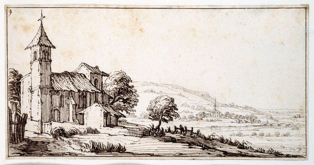 Et flodlandskab nær Nancy, med landsbykirken i Maxeville og en anden kirke i midten af afstanden, fra et album tilhørende Israel Silvestre, ca. 1630 (pen og blæk på papir) af Jacques Callot