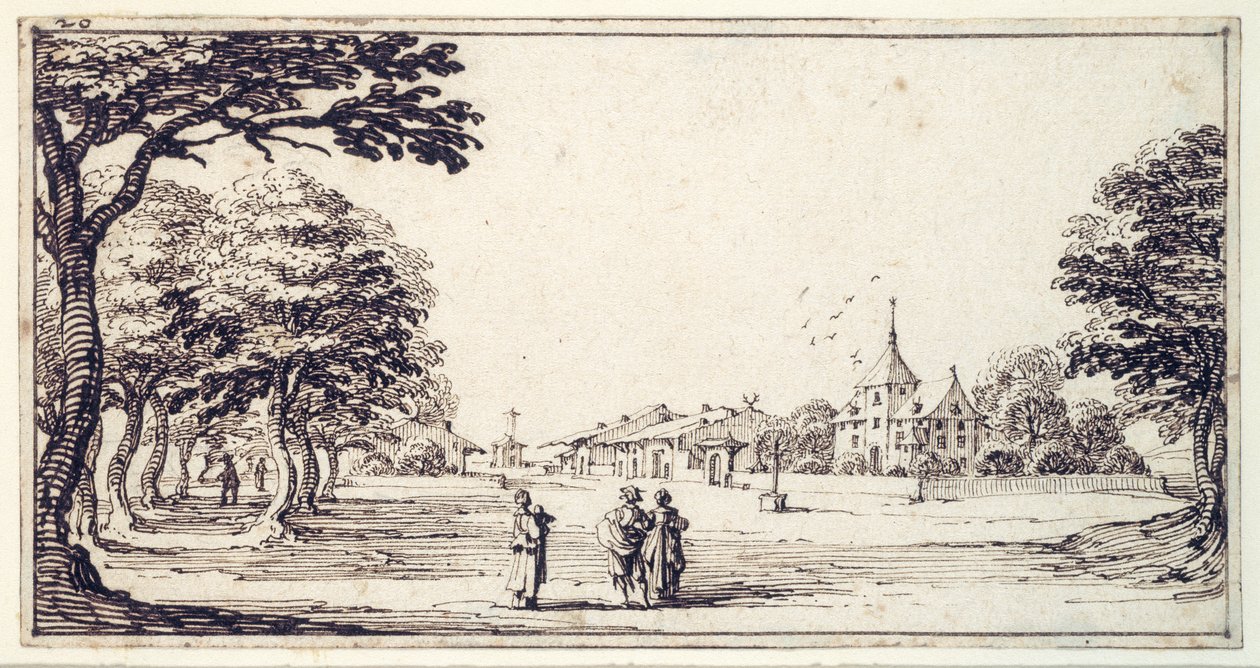 En gade i Bainville-sur-Madon med Callots hus (pen og brunt blæk på papir) af Jacques Callot