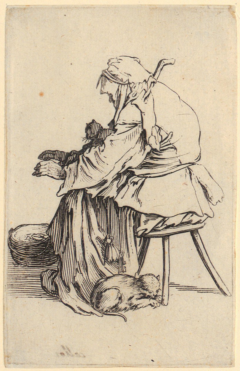 Gammel kvinde med katte, blad 25 fra serien «Tiggerne» af Jacques Callot