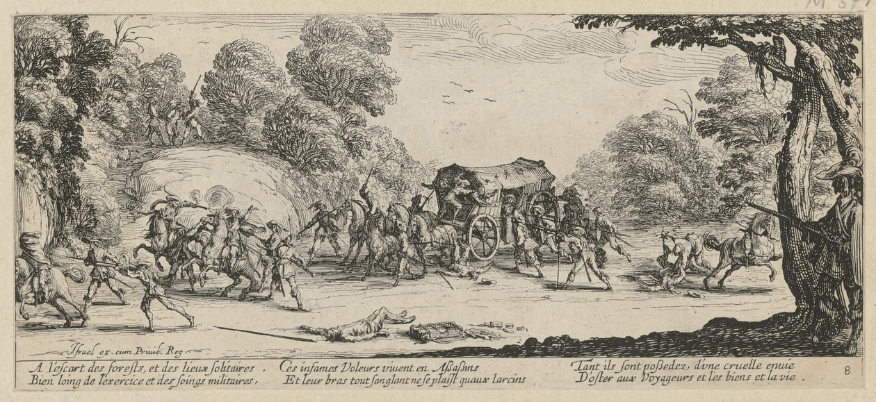 Overfald på en postvogn, side 8 i serien »Krigens rædsler« af Jacques Callot