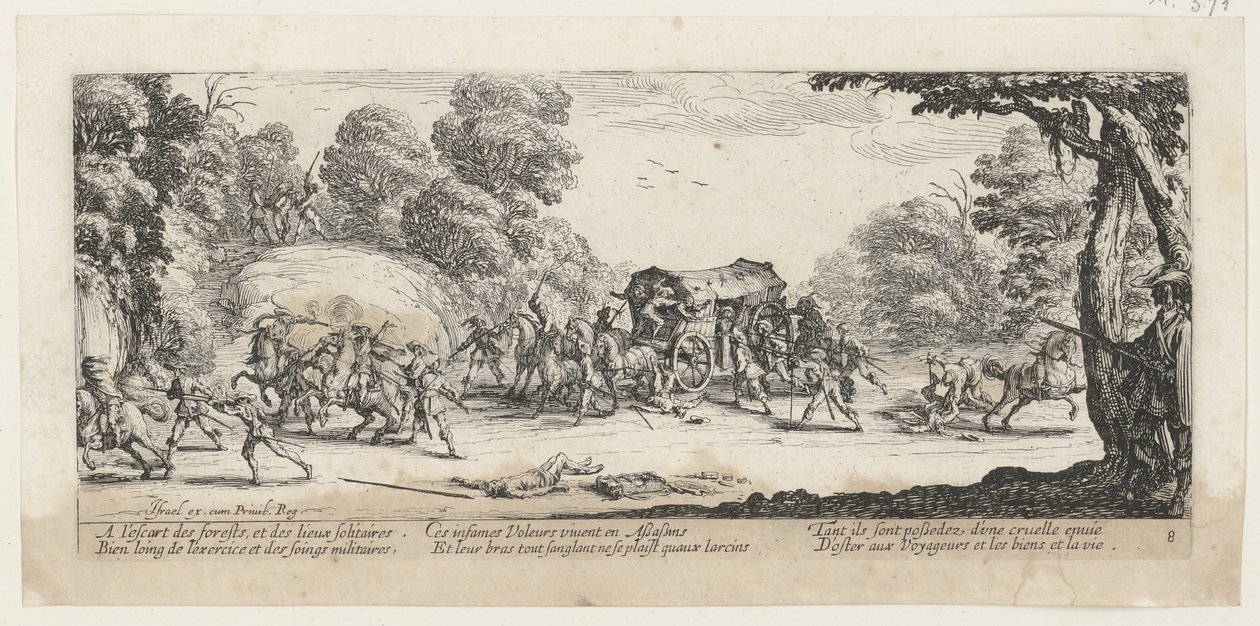 Overfald på en postvogn, side 8 i serien »Krigens rædsler« af Jacques Callot