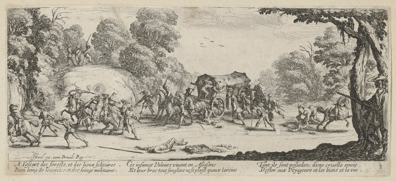 Overfald på en postvogn, side 8 i serien »Krigens rædsler« af Jacques Callot