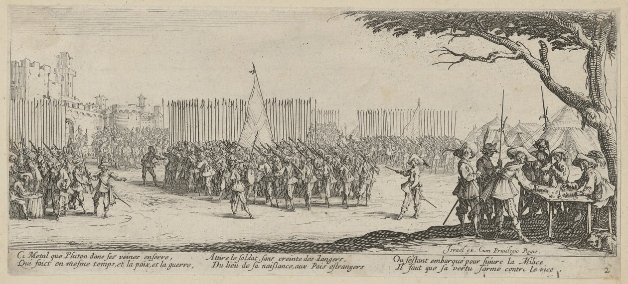 Hvervning af tropper, blad 2 i serien „Krigens rædsler“ af Jacques Callot
