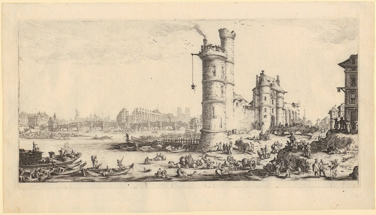 Udsigt over Pont-Neuf, blad 2 fra serien „De to store Paris-udsigter“ af Jacques Callot