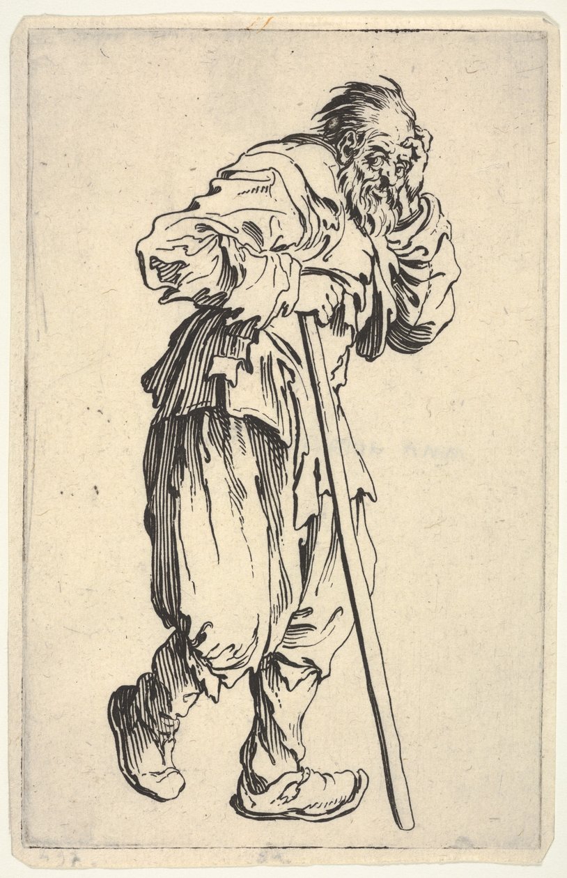 Skægget mand klædt i pjalter, der holder sit hoved med den ene hånd og en spadserestok med den anden, fra «Tiggerne» (Les Gueux) af Jacques Callot