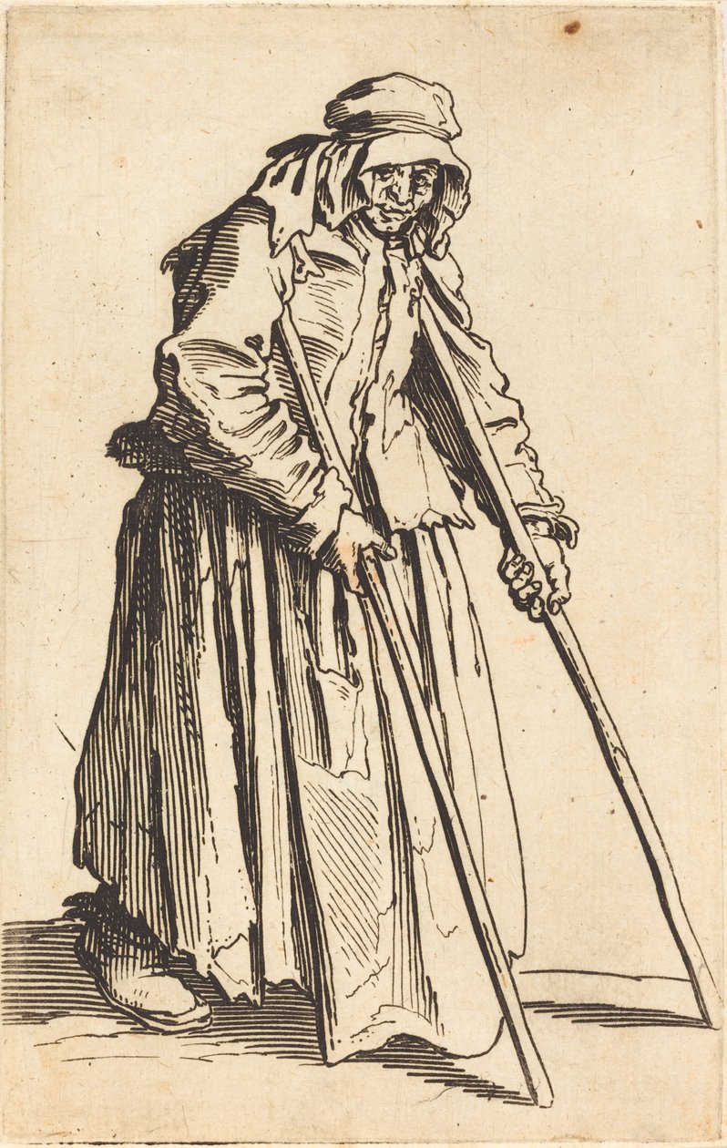 Tiggerkvinde med krykker, ca. 1622. af Jacques Callot