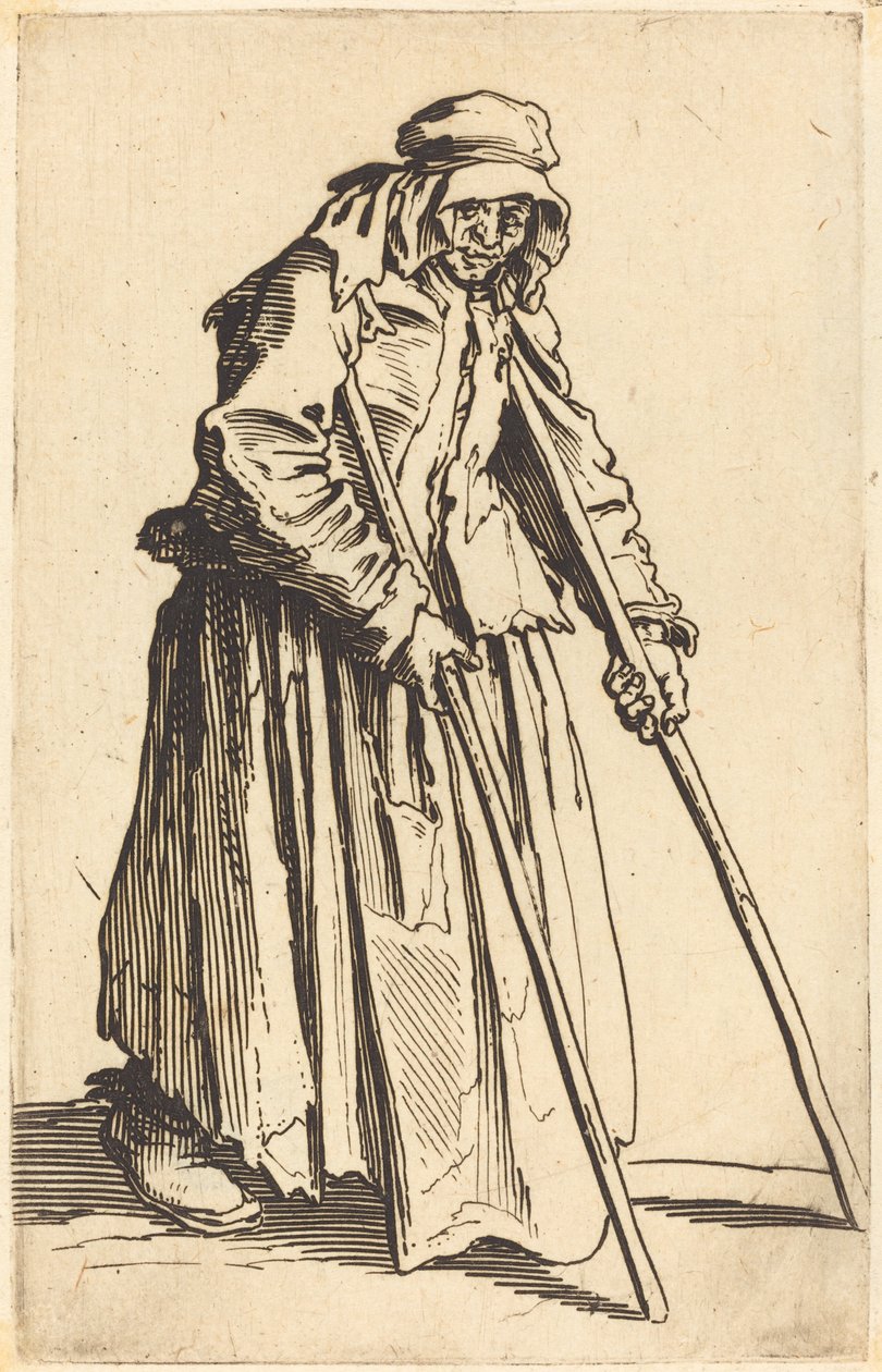 Tiggerkvinde med krykker, ca. 1622. af Jacques Callot