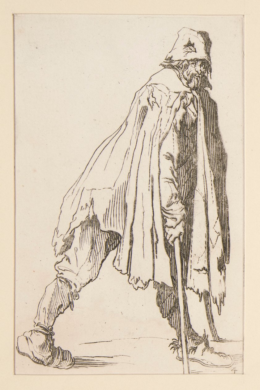 Tigger i kasket, på krykker, fra The Beggars. af Jacques Callot